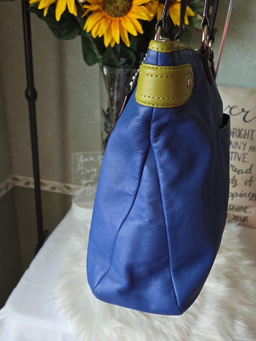 Coach Daisy Spectator Blue Leather Tote with Lime Trim and Navy Blue Handles - Picture 4 of 15